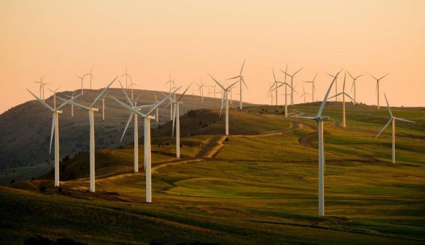 Image with no text or graphic visual. It is a photo of the wind turbines on a field shot before the sunset.