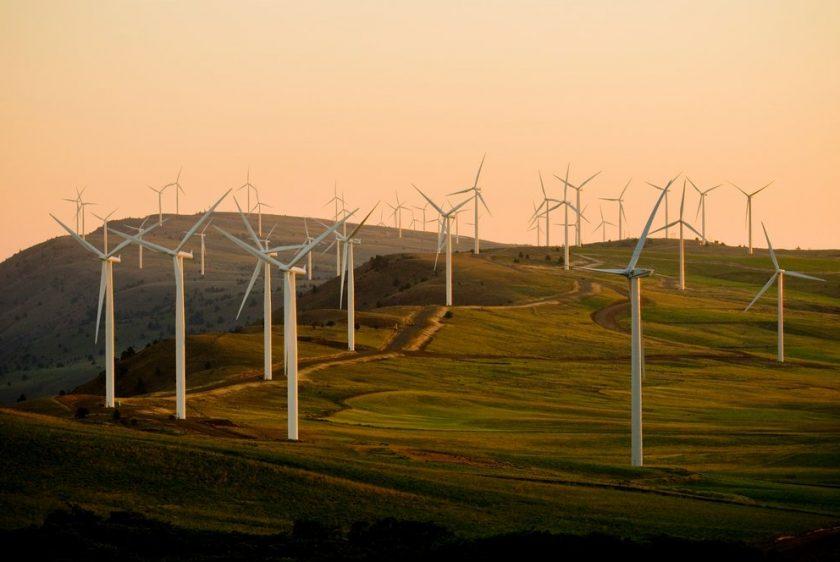 Image with no text or graphic visual. It is a photo of the wind turbines on a field shot before the sunset.